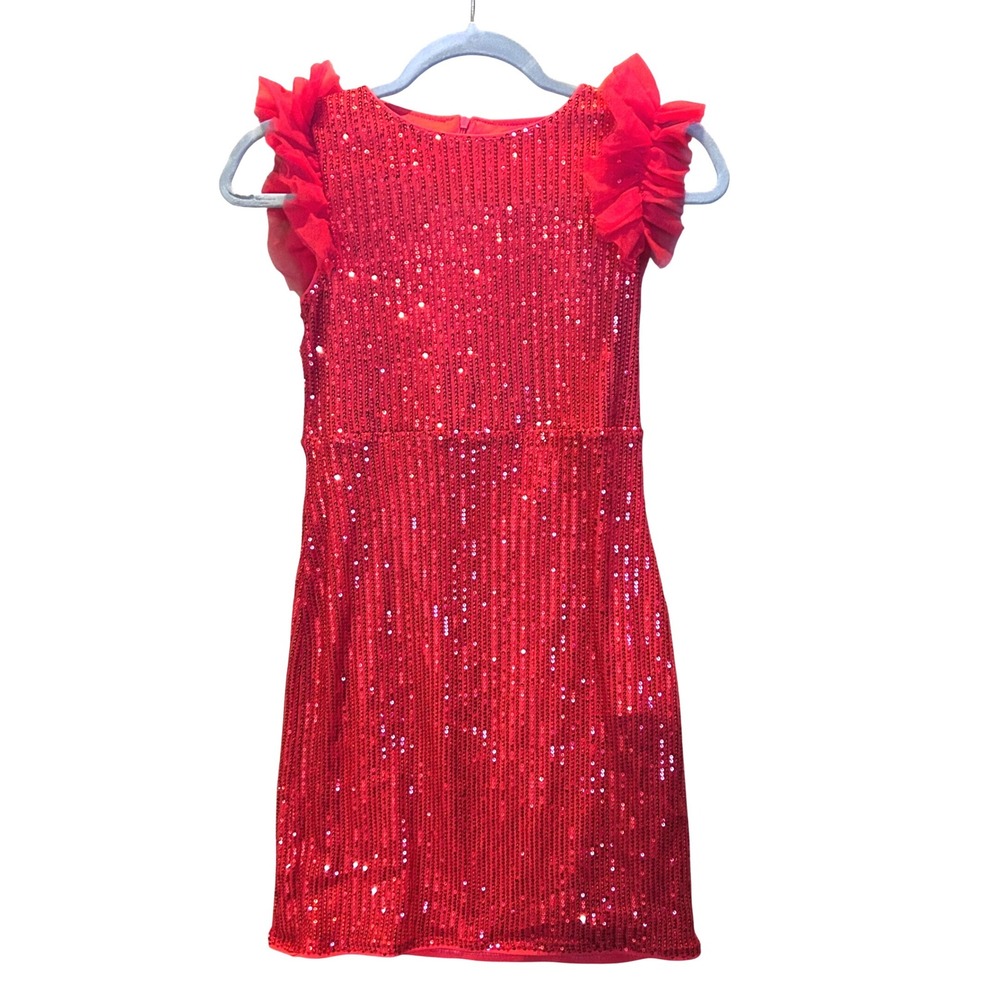 Grace Karin Kids Girls Red Sequin Ruffle Sleeve Party Dress Size 14Y